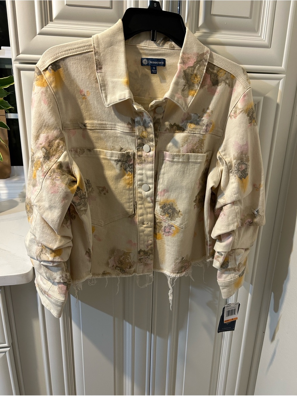 Democracy Floral Cropped Jean Jacket in Cream and Pastel Accents